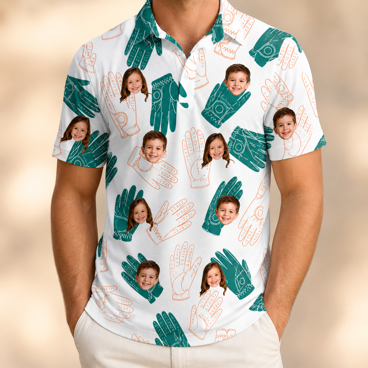 Model wearing Men's Handicap Hilarity Custom Face Polo Shirt printed with kids' faces