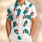 Model wearing Men's Handicap Hilarity Custom Face Polo Shirt printed with kids' faces
