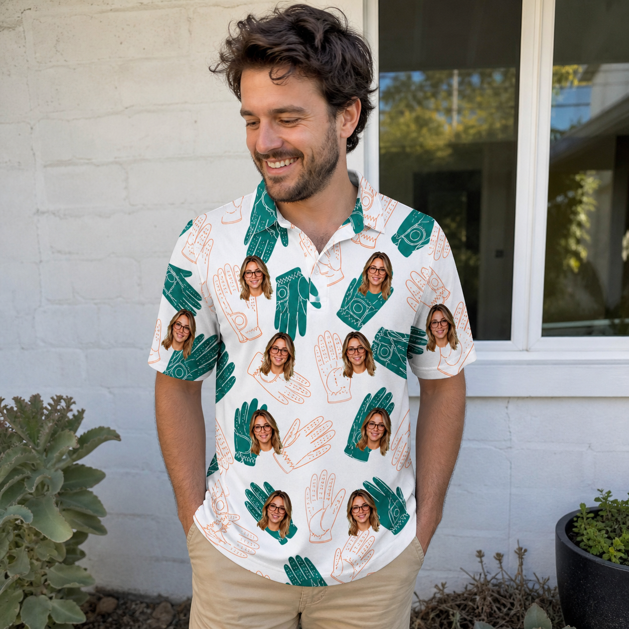 Real-life photo of someone wearing Men's Handicap Hilarity Custom Face Polo Shirt — custom faces printed all-over