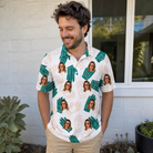 Real-life photo of someone wearing Men's Handicap Hilarity Custom Face Polo Shirt — custom faces printed all-over