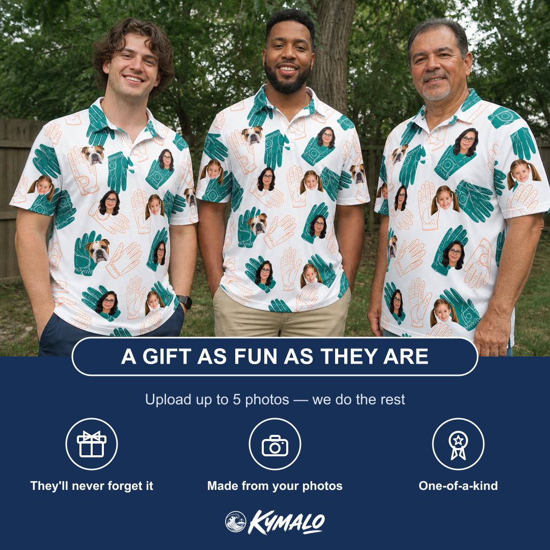 Friends in matching Men's Handicap Hilarity Custom Face Polo Shirt — a group gift photo