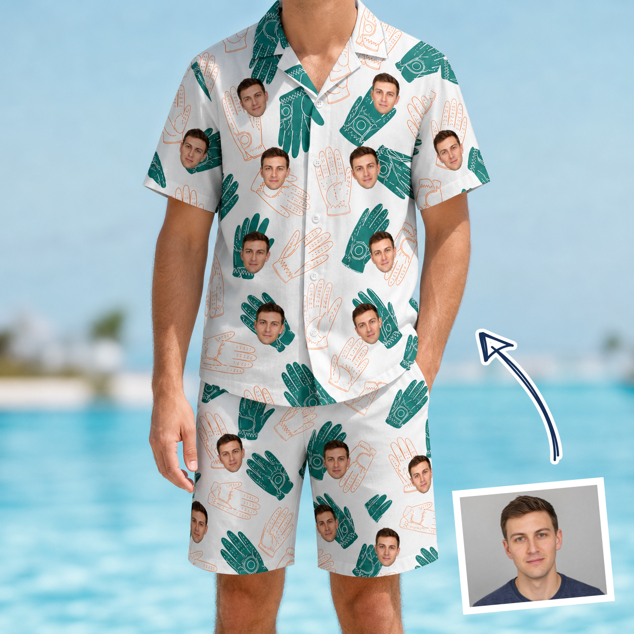 Man wearing Men's Handicap Hilarity Custom Face Shirt & Shorts Set — custom faces printed all-over