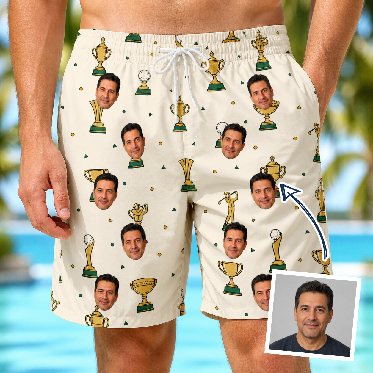 Man wearing Men's Champion Chalices Custom Face Beach Shorts — custom faces printed all-over