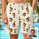 Man wearing Men's Champion Chalices Custom Face Beach Shorts — custom faces printed all-over