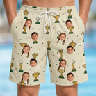 Model wearing Men's Champion Chalices Custom Face Beach Shorts printed with kids' faces
