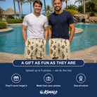 Friends in matching Men's Champion Chalices Custom Face Beach Shorts — a group gift photo