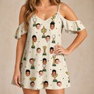 Model wearing Women's Champion Chalices Custom Face Off-Shoulder Dress printed with kids' faces