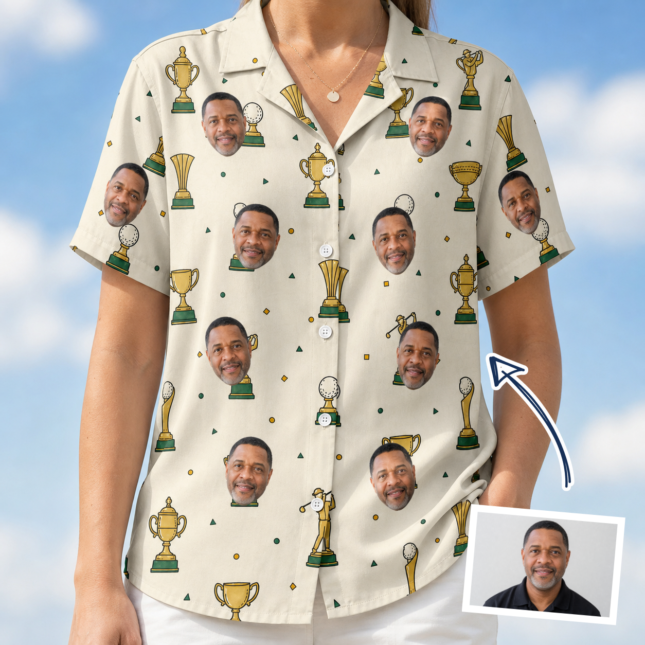 Woman wearing Women's Champion Chalices Custom Face Hawaiian Shirt — custom faces printed all-over