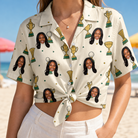 Woman wearing Women's Champion Chalices Custom Face Hawaiian Shirt tied at the waist