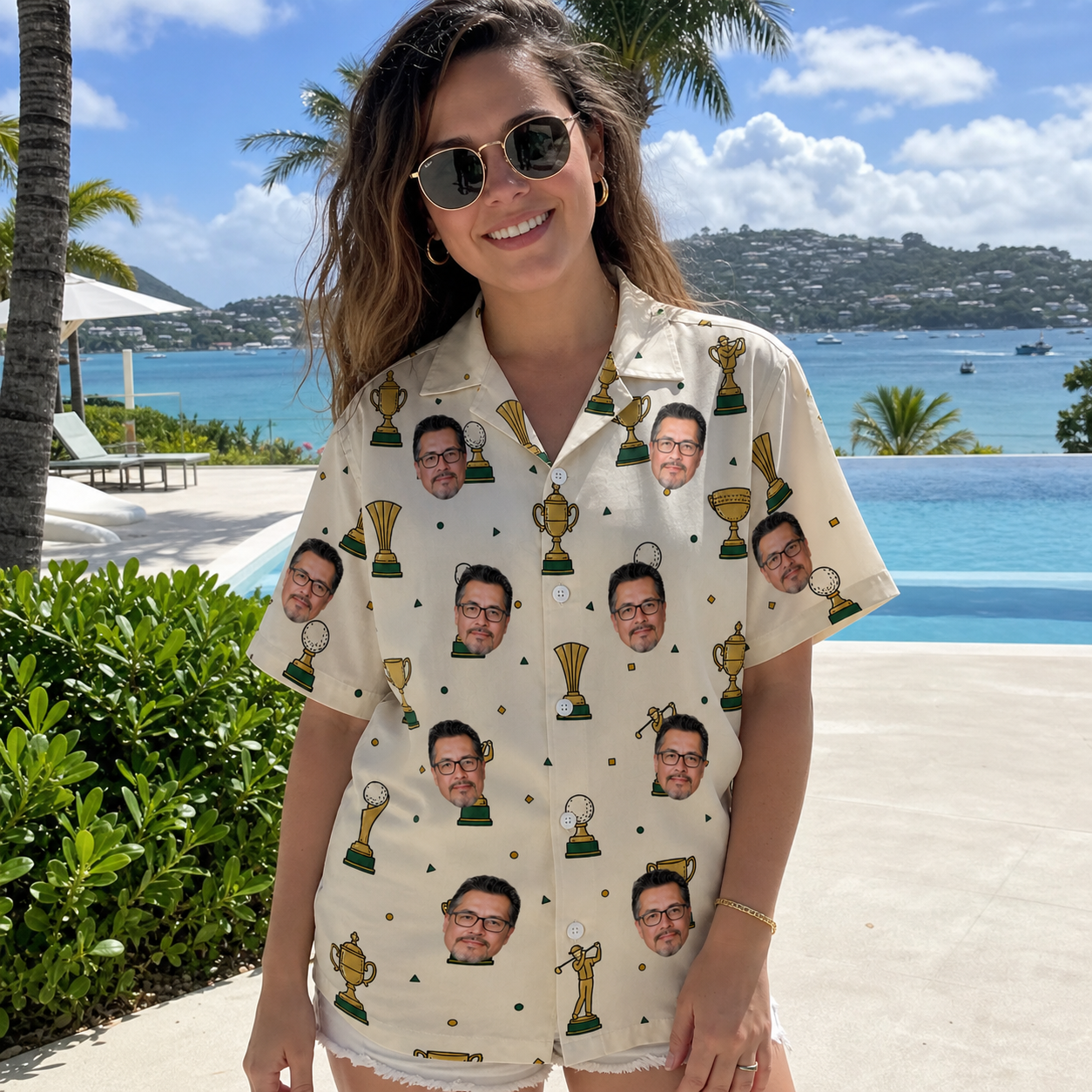 Real-life photo of someone wearing Women's Champion Chalices Custom Face Hawaiian Shirt — custom faces printed all-over