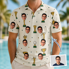 Man wearing Men's Champion Chalices Custom Face Polo Shirt — custom faces printed all-over