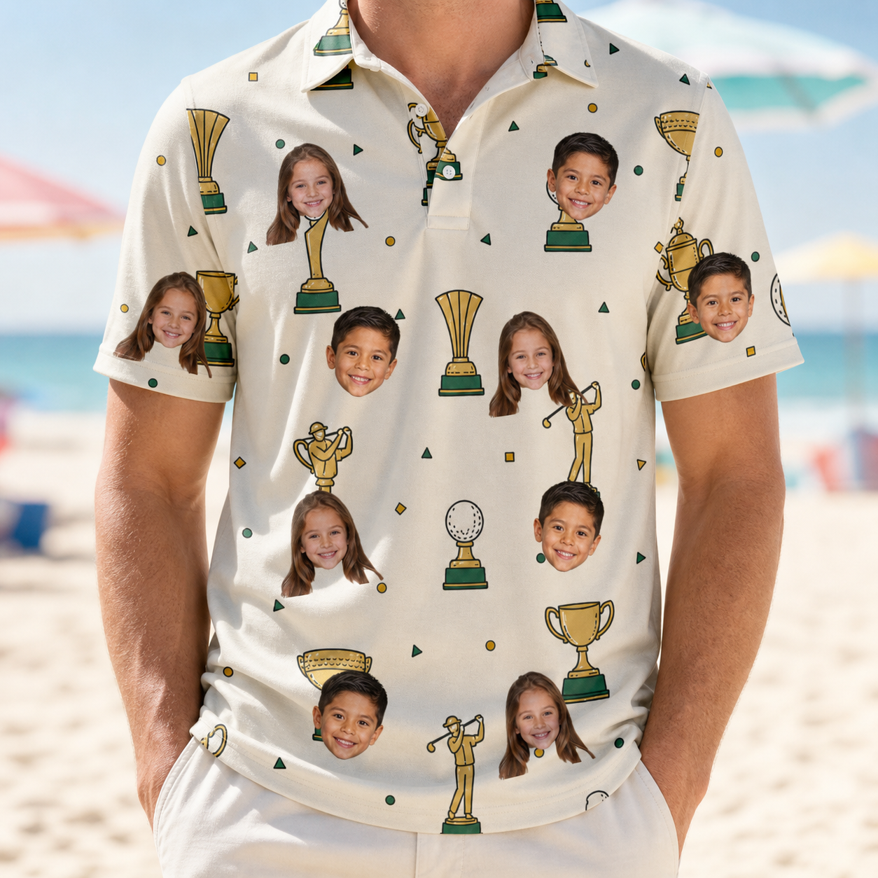 Model wearing Men's Champion Chalices Custom Face Polo Shirt printed with kids' faces