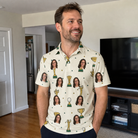 Real-life photo of someone wearing Men's Champion Chalices Custom Face Polo Shirt — custom faces printed all-over