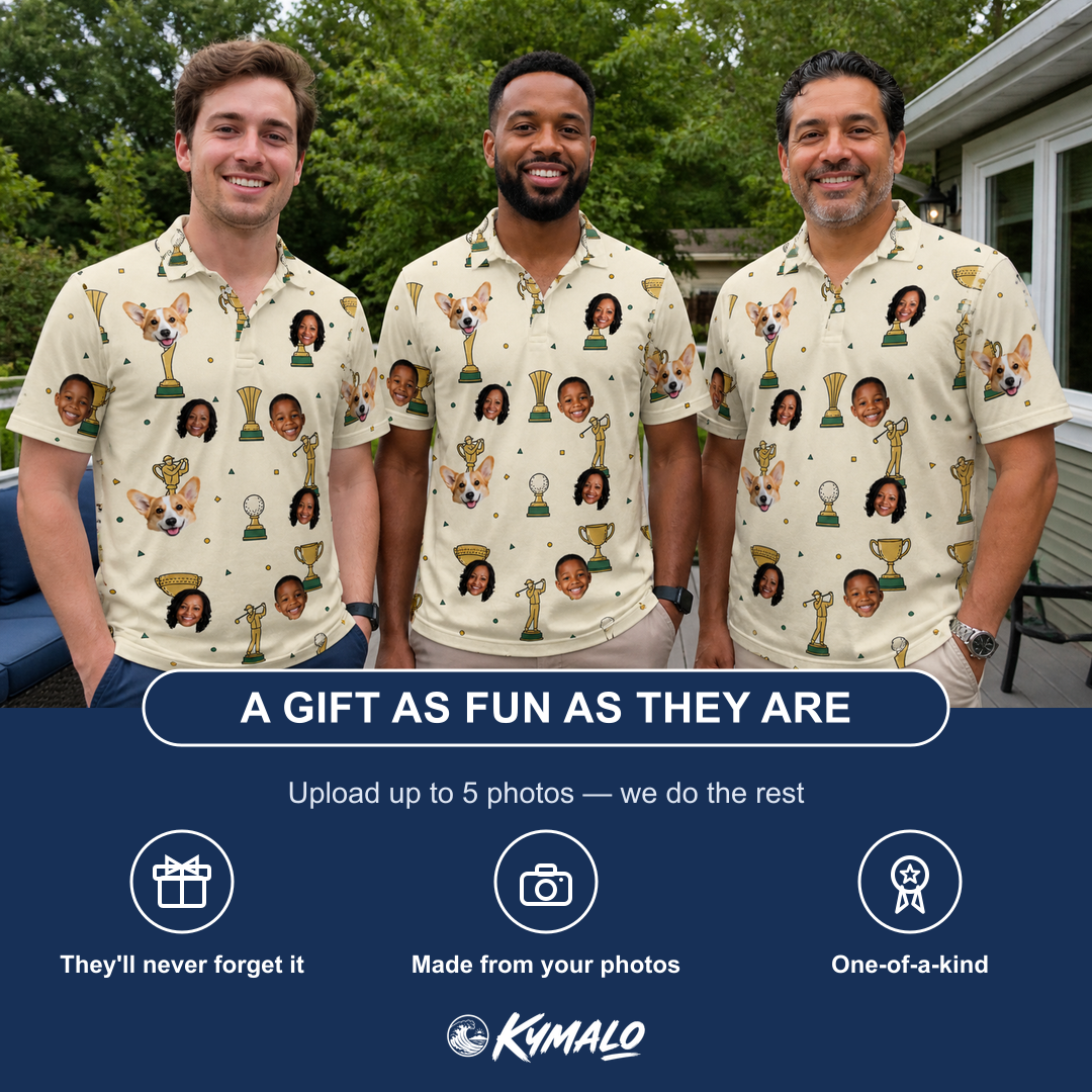 Friends in matching Men's Champion Chalices Custom Face Polo Shirt — a group gift photo
