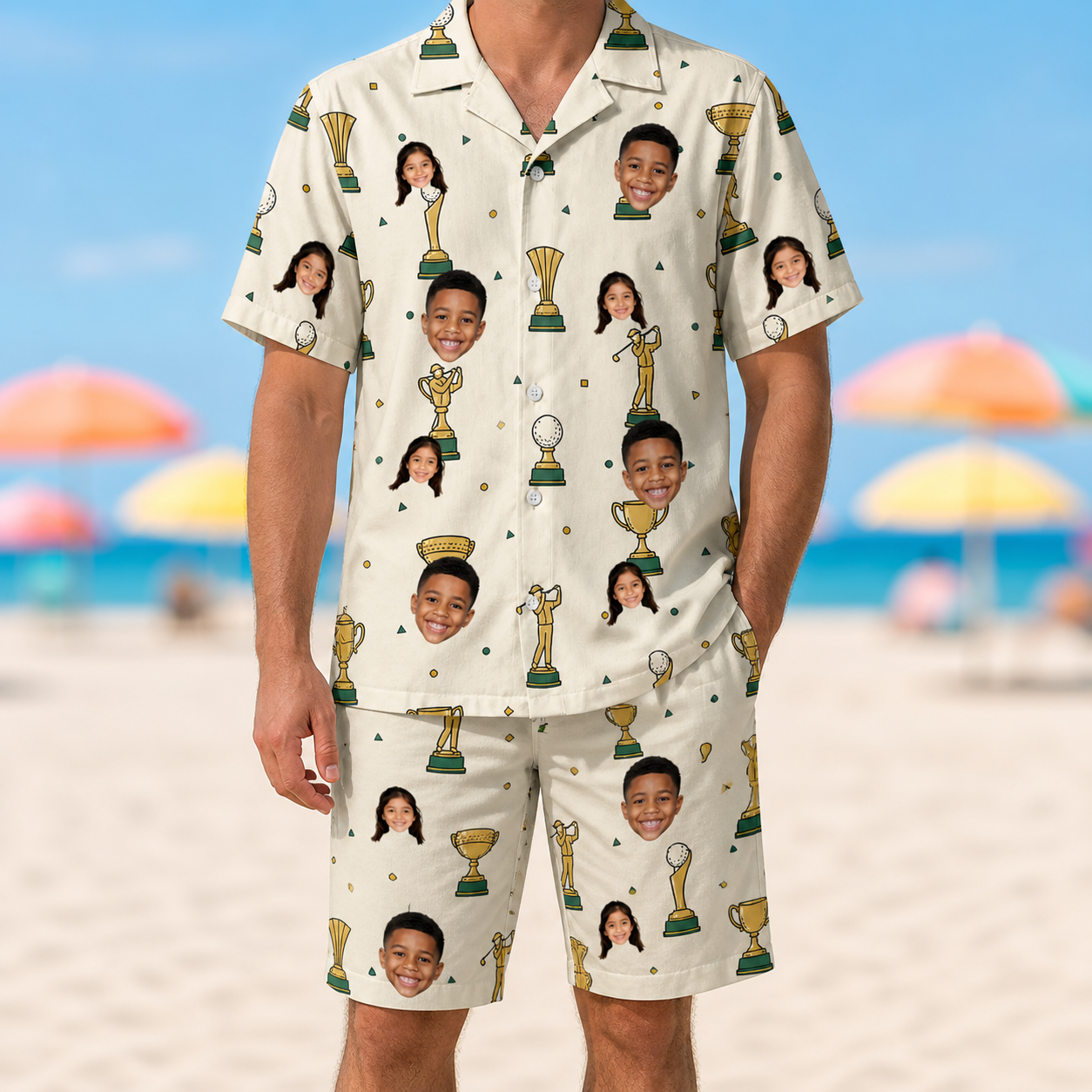 Model wearing Men's Champion Chalices Custom Face Shirt & Shorts Set printed with kids' faces