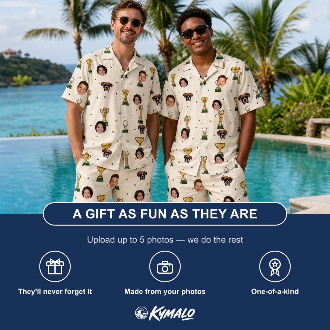 Friends in matching Men's Champion Chalices Custom Face Shirt & Shorts Set — a group gift photo