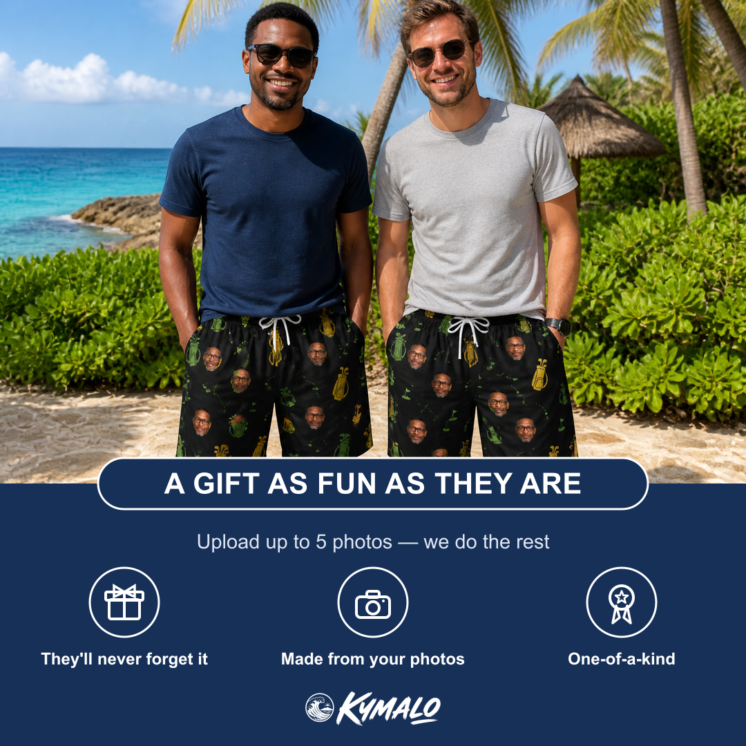 Friends in matching Men's Divot Duffels Custom Face Beach Shorts — a group gift photo