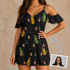 Woman wearing Women's Divot Duffels Custom Face Off-Shoulder Dress — custom faces printed all-over