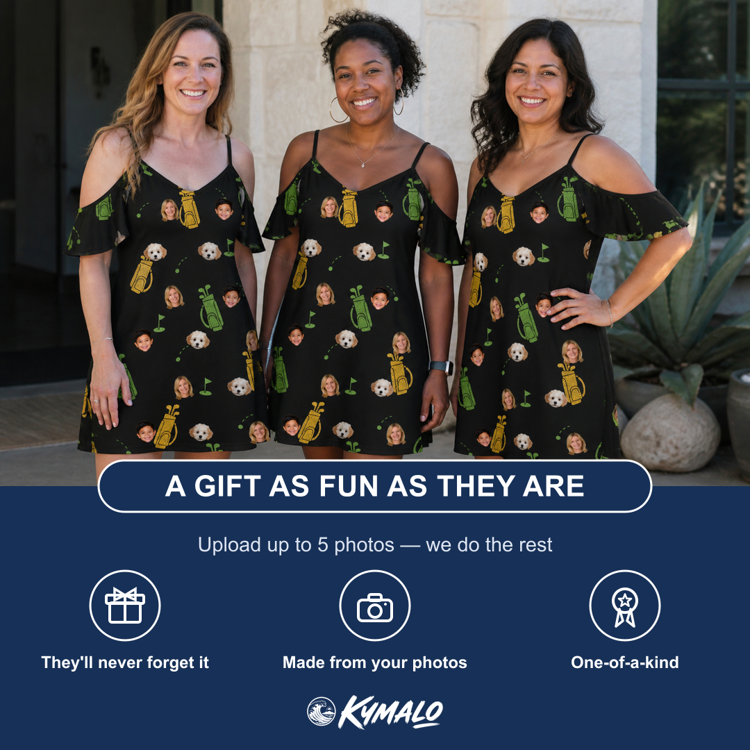 Friends in matching Women's Divot Duffels Custom Face Off-Shoulder Dress — a group gift photo