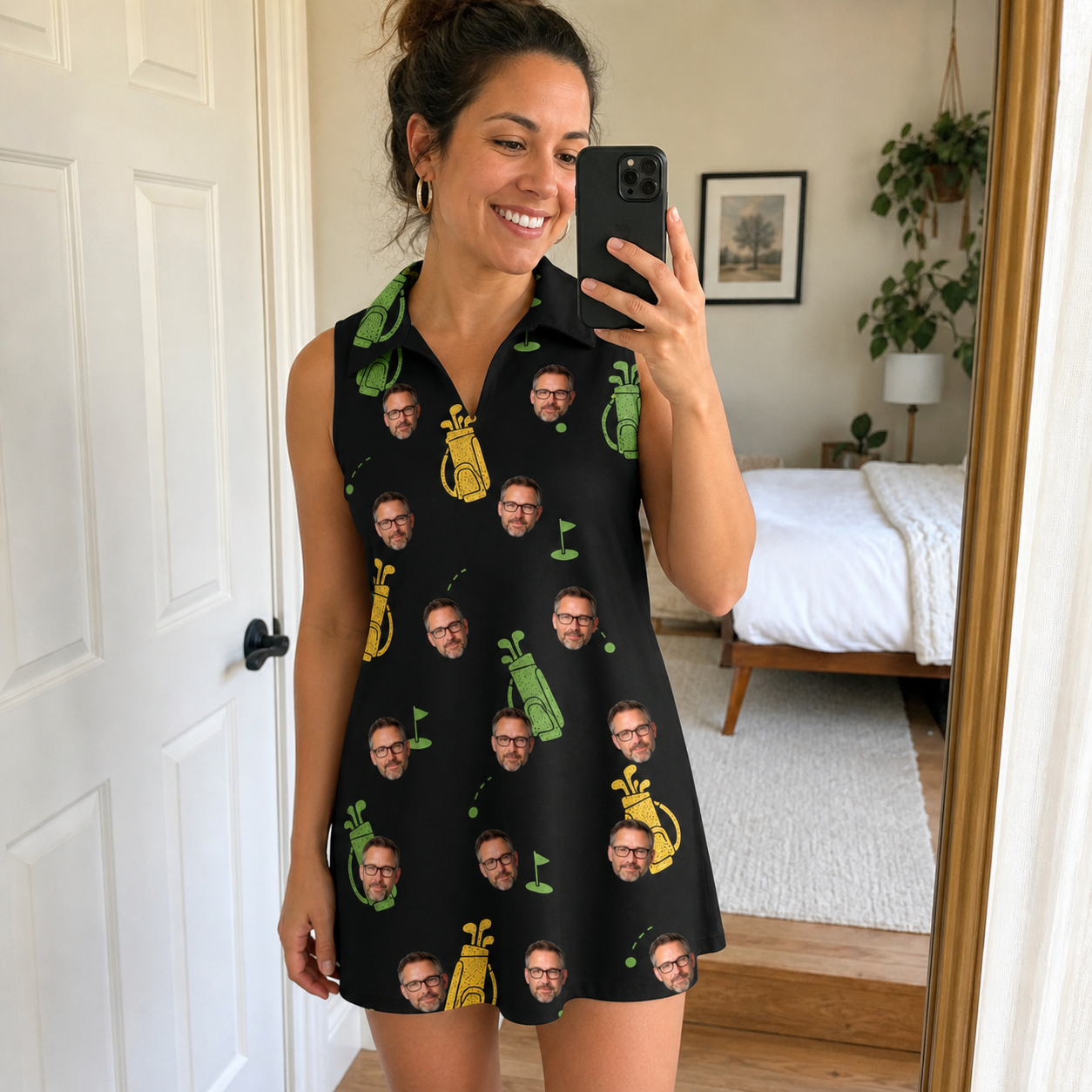 Real-life photo of someone wearing Women's Divot Duffels Custom Face V-Neck Dress — custom faces printed all-over