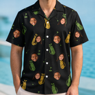Model wearing Men's Divot Duffels Custom Face Hawaiian Shirt printed with kids' faces