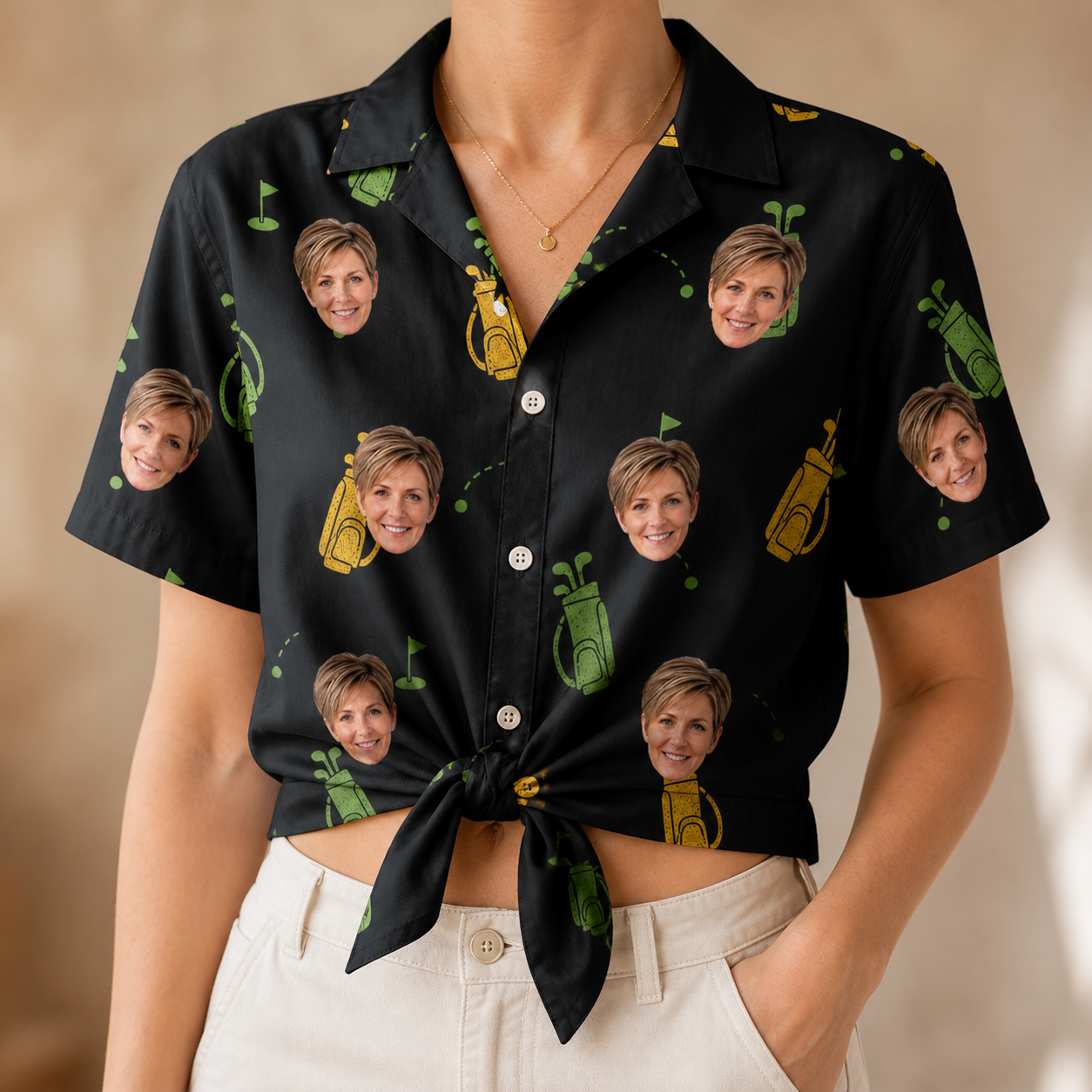 Woman wearing Women's Divot Duffels Custom Face Hawaiian Shirt tied at the waist