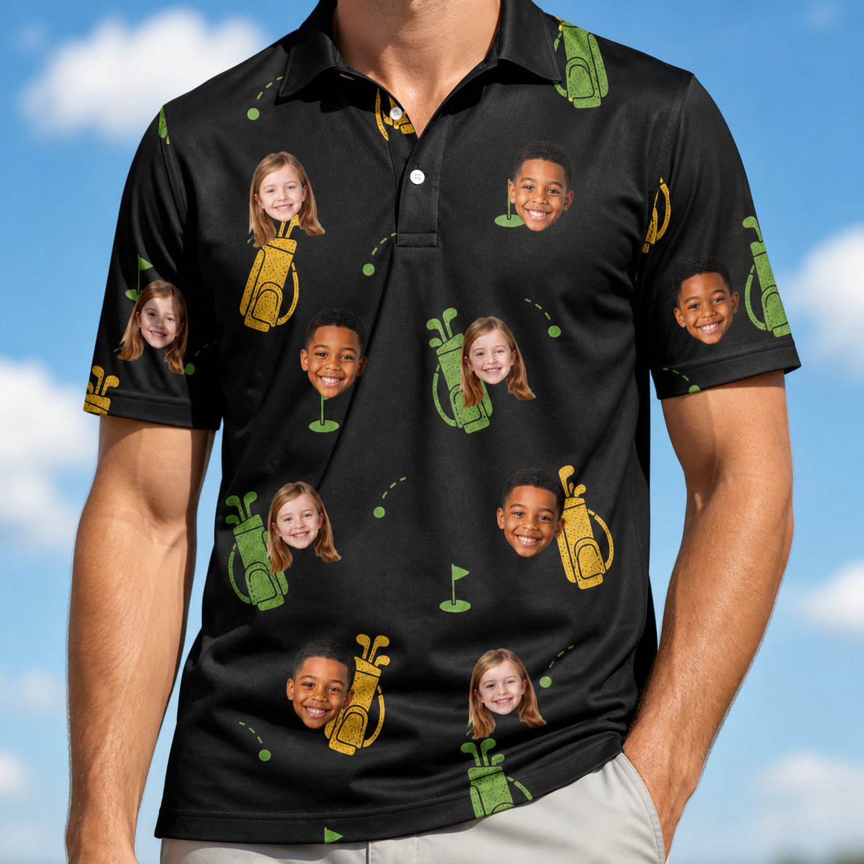 Model wearing Men's Divot Duffels Custom Face Polo Shirt printed with kids' faces