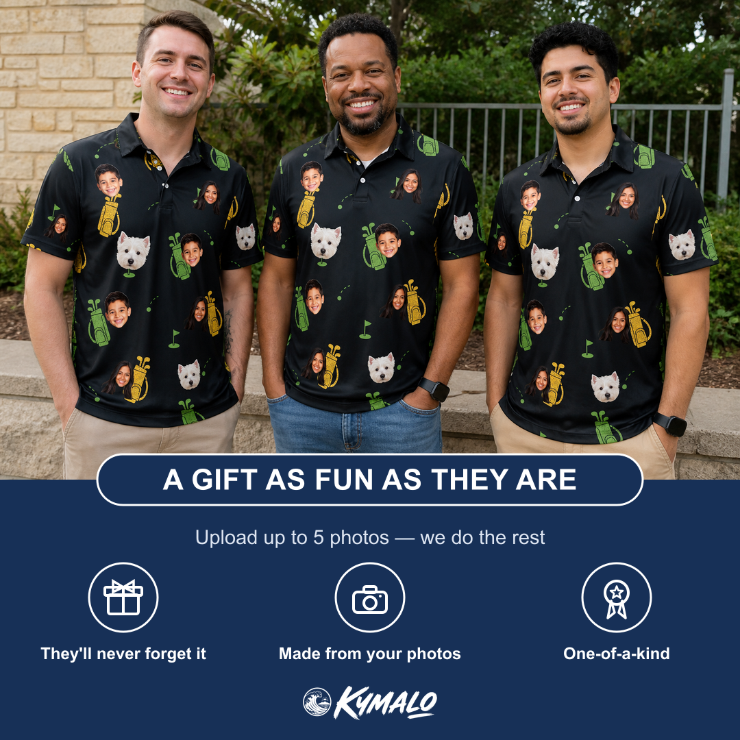 Friends in matching Men's Divot Duffels Custom Face Polo Shirt — a group gift photo