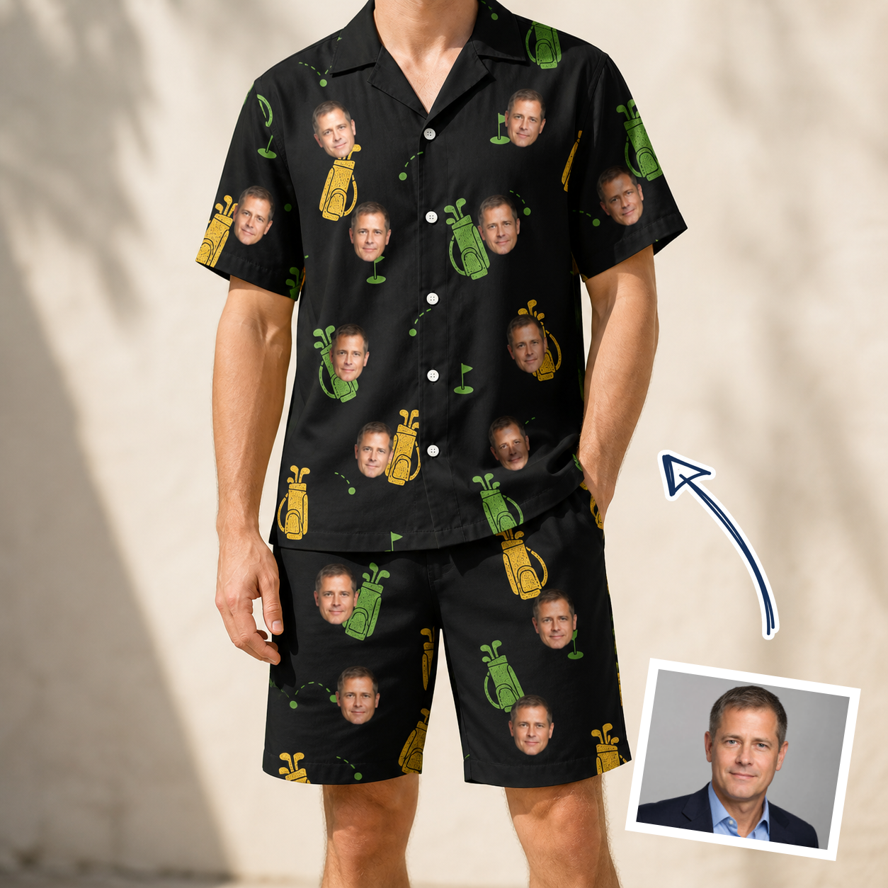 Man wearing Men's Divot Duffels Custom Face Shirt & Shorts Set — custom faces printed all-over