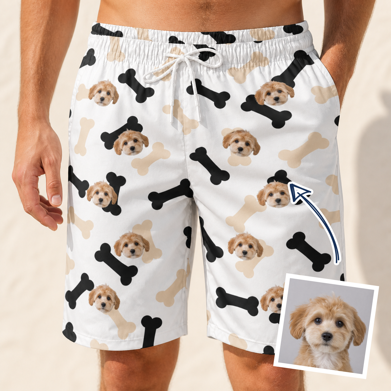 Man wearing Men's Biscuit Bark Custom Dog Face Beach Shorts — custom faces printed all-over
