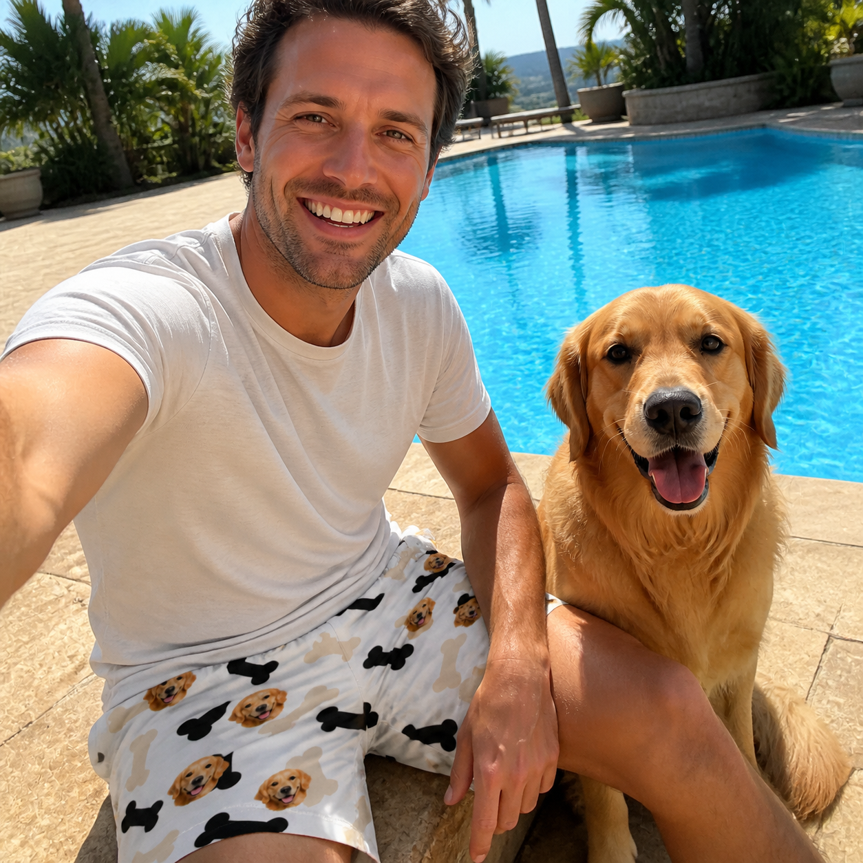 Selfie with the pet whose face is printed all over this Men's Biscuit Bark Custom Dog Face Beach Shorts