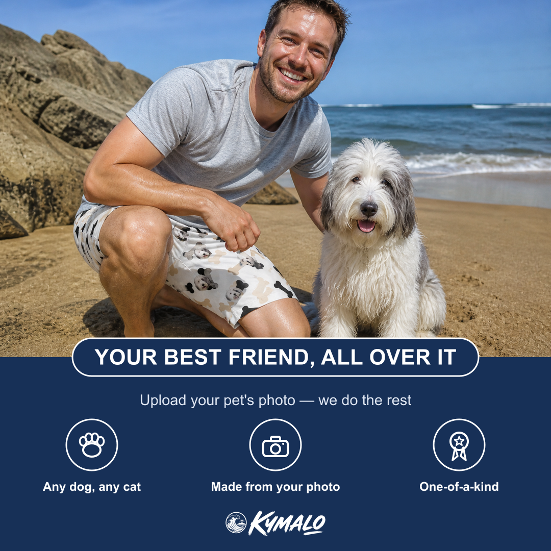 Friends in matching Men's Biscuit Bark Custom Dog Face Beach Shorts — a group gift photo