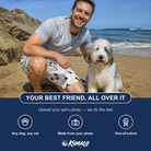 Friends in matching Men's Biscuit Bark Custom Dog Face Beach Shorts — a group gift photo