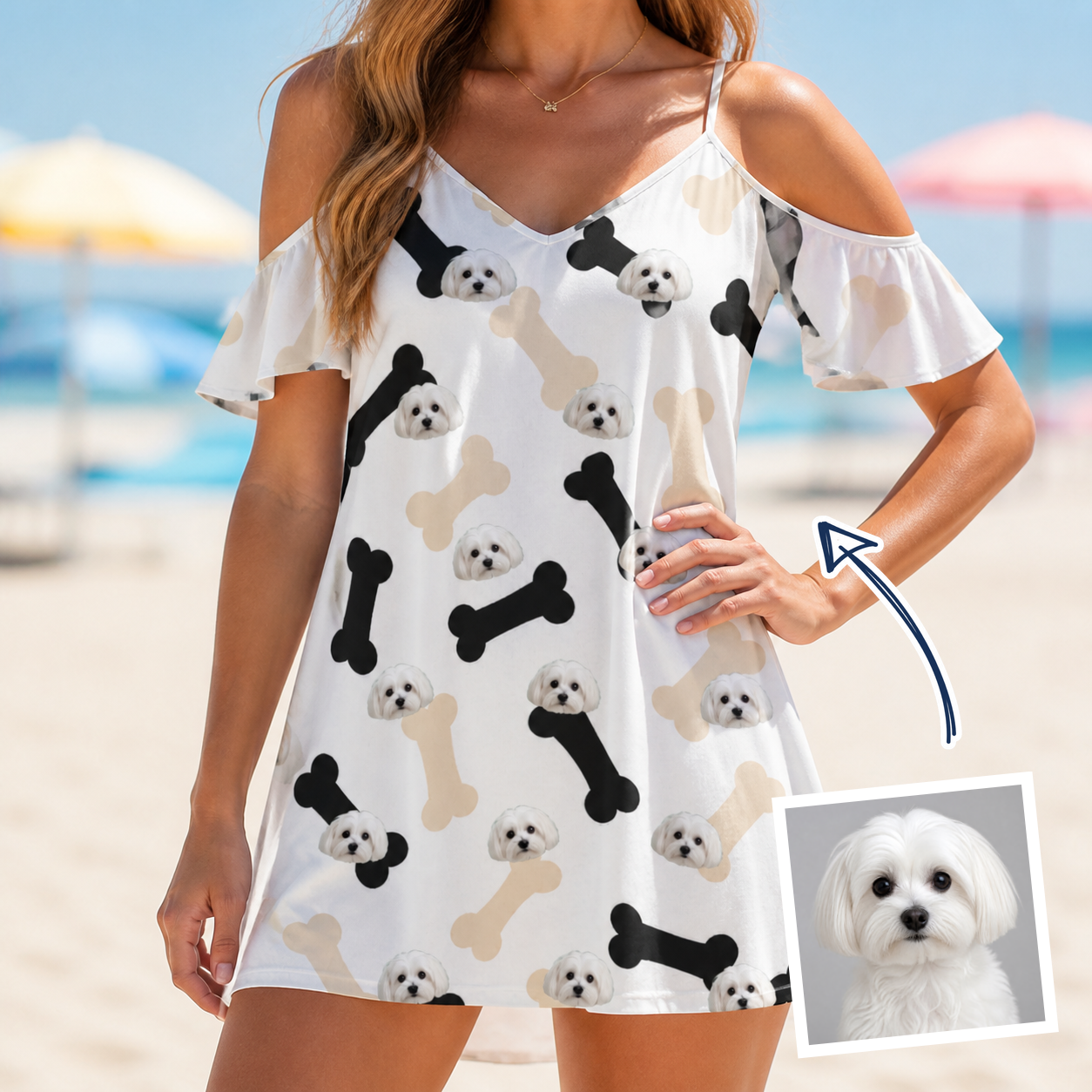Woman wearing Women's Biscuit Bark Custom Dog Face Off-Shoulder Dress — custom faces printed all-over