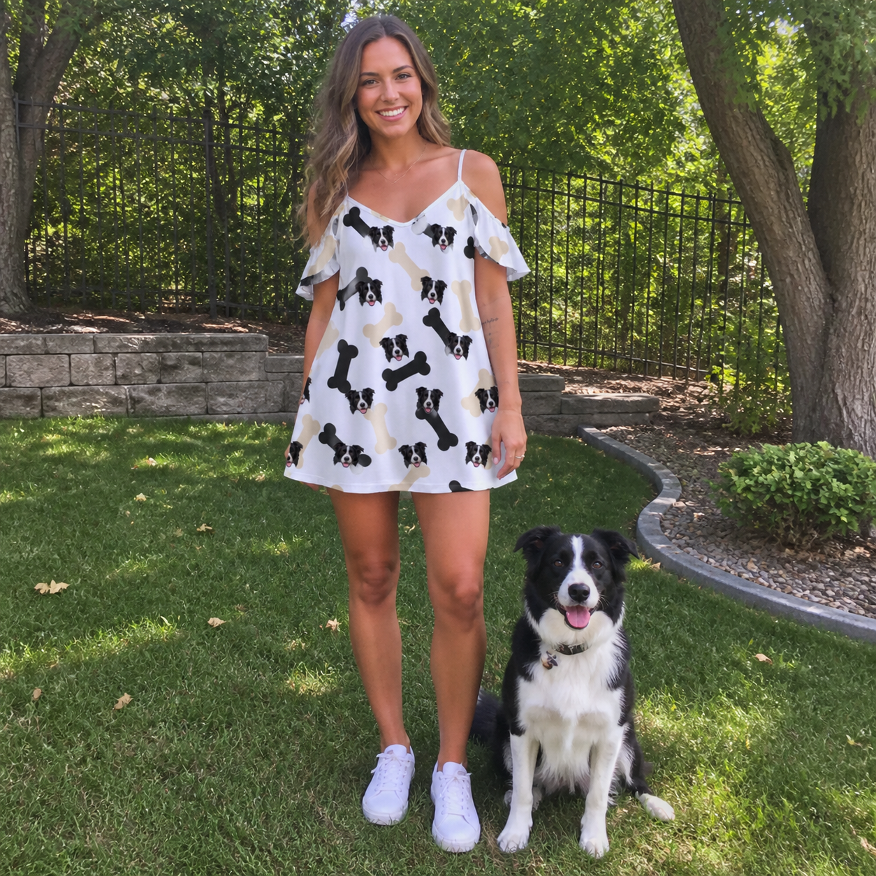 Full-length photo with the pet printed all over this Women's Biscuit Bark Custom Dog Face Off-Shoulder Dress