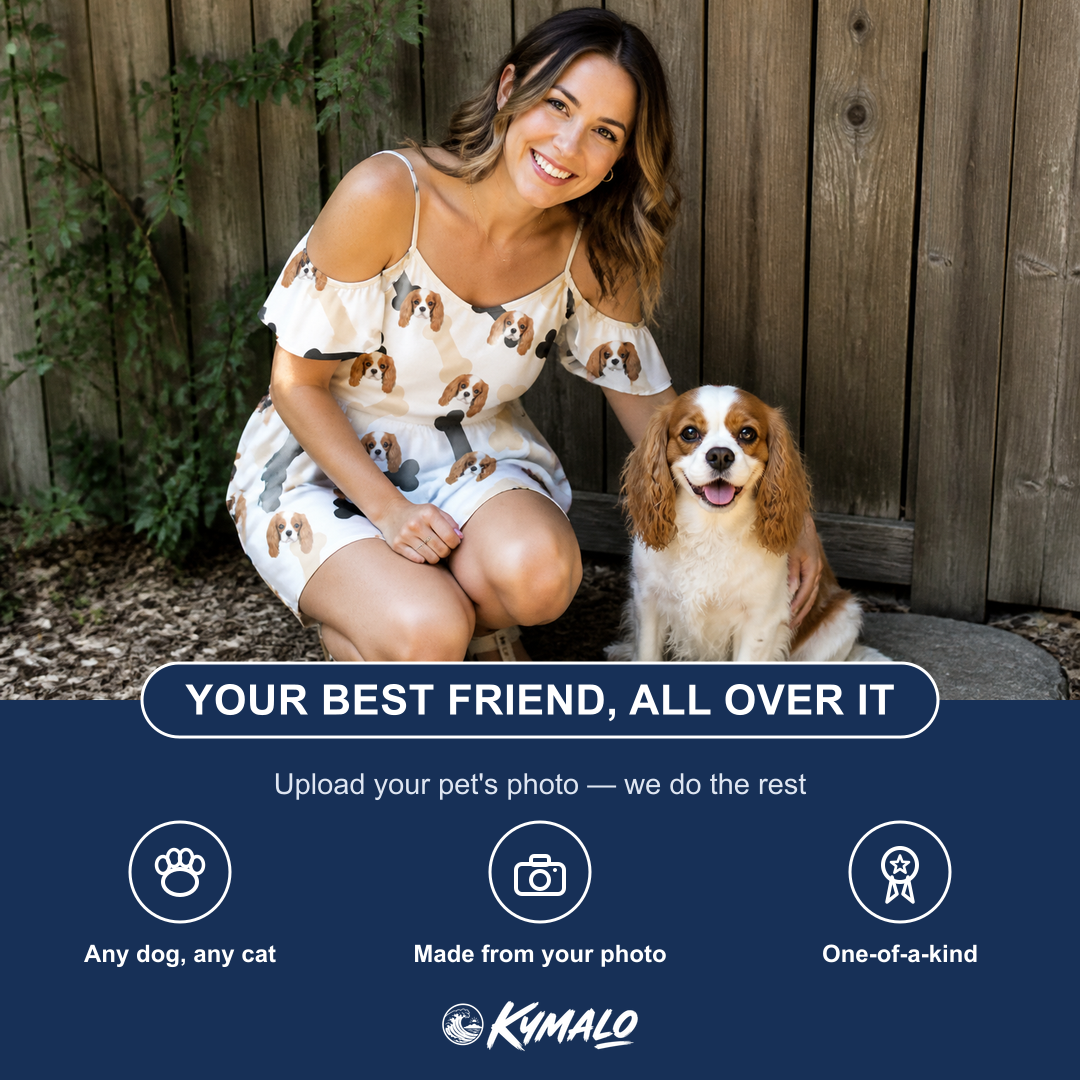 Friends in matching Women's Biscuit Bark Custom Dog Face Off-Shoulder Dress — a group gift photo