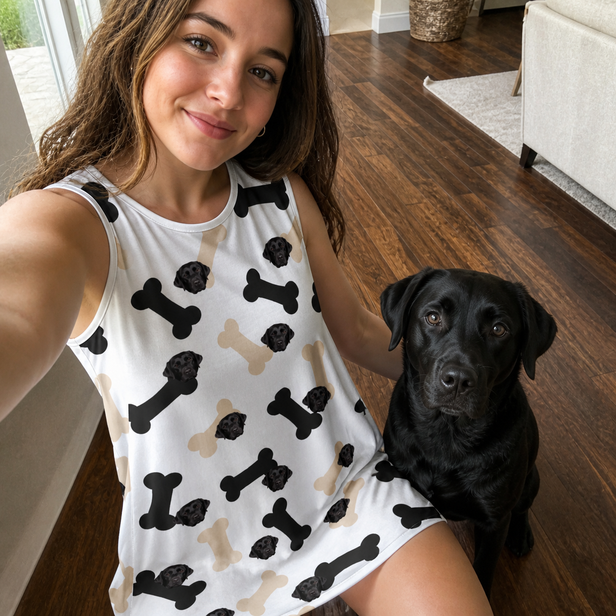 Selfie with the pet whose face is printed all over this Women's Biscuit Bark Custom Dog Face Tank Dress
