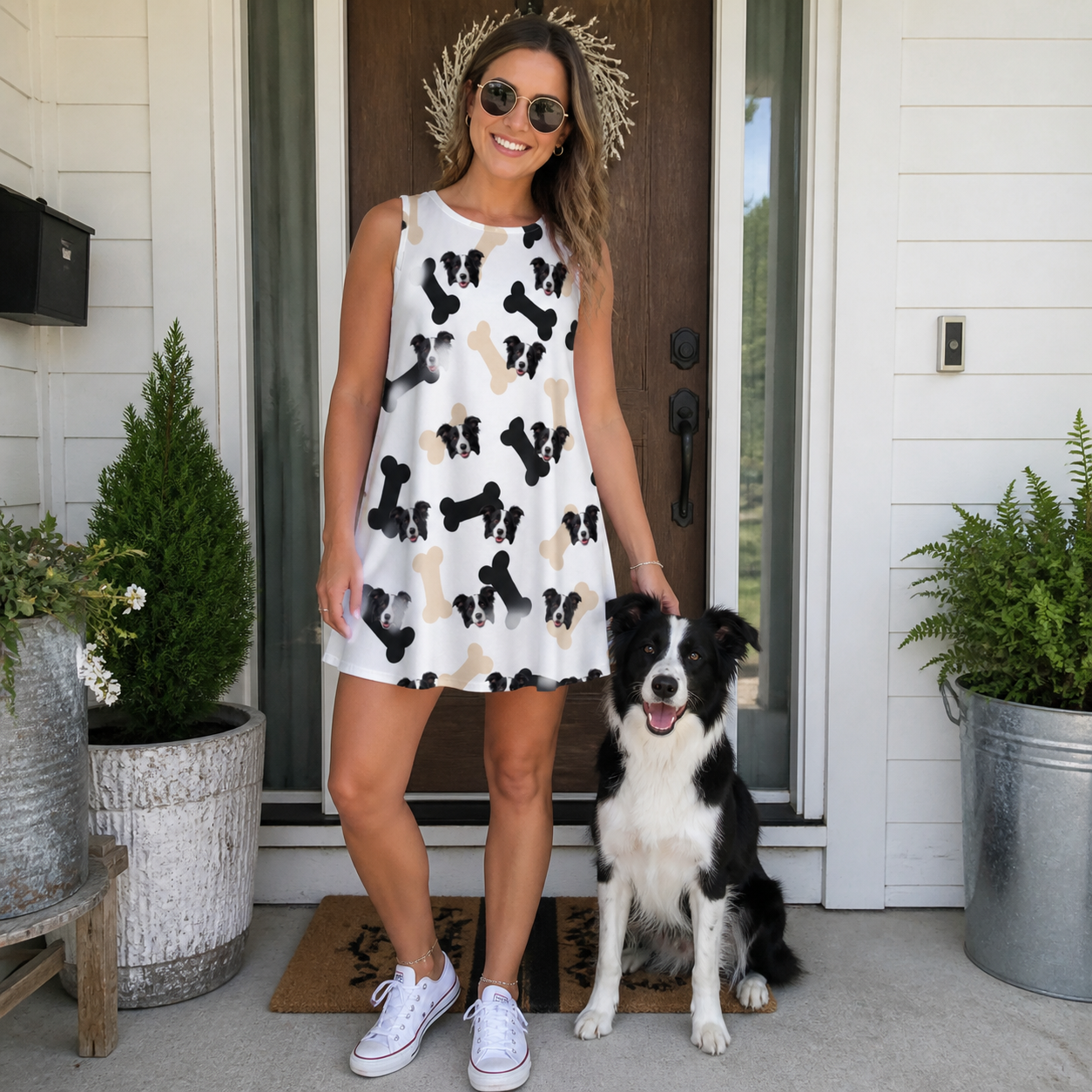 Full-length photo with the pet printed all over this Women's Biscuit Bark Custom Dog Face Tank Dress