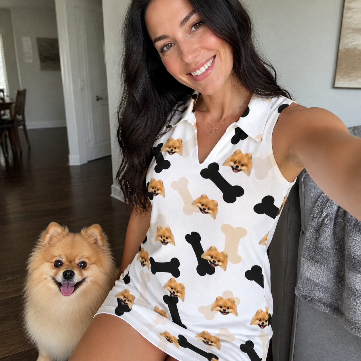 Selfie with the pet whose face is printed all over this Women's Biscuit Bark Custom Dog Face V-Neck Dress