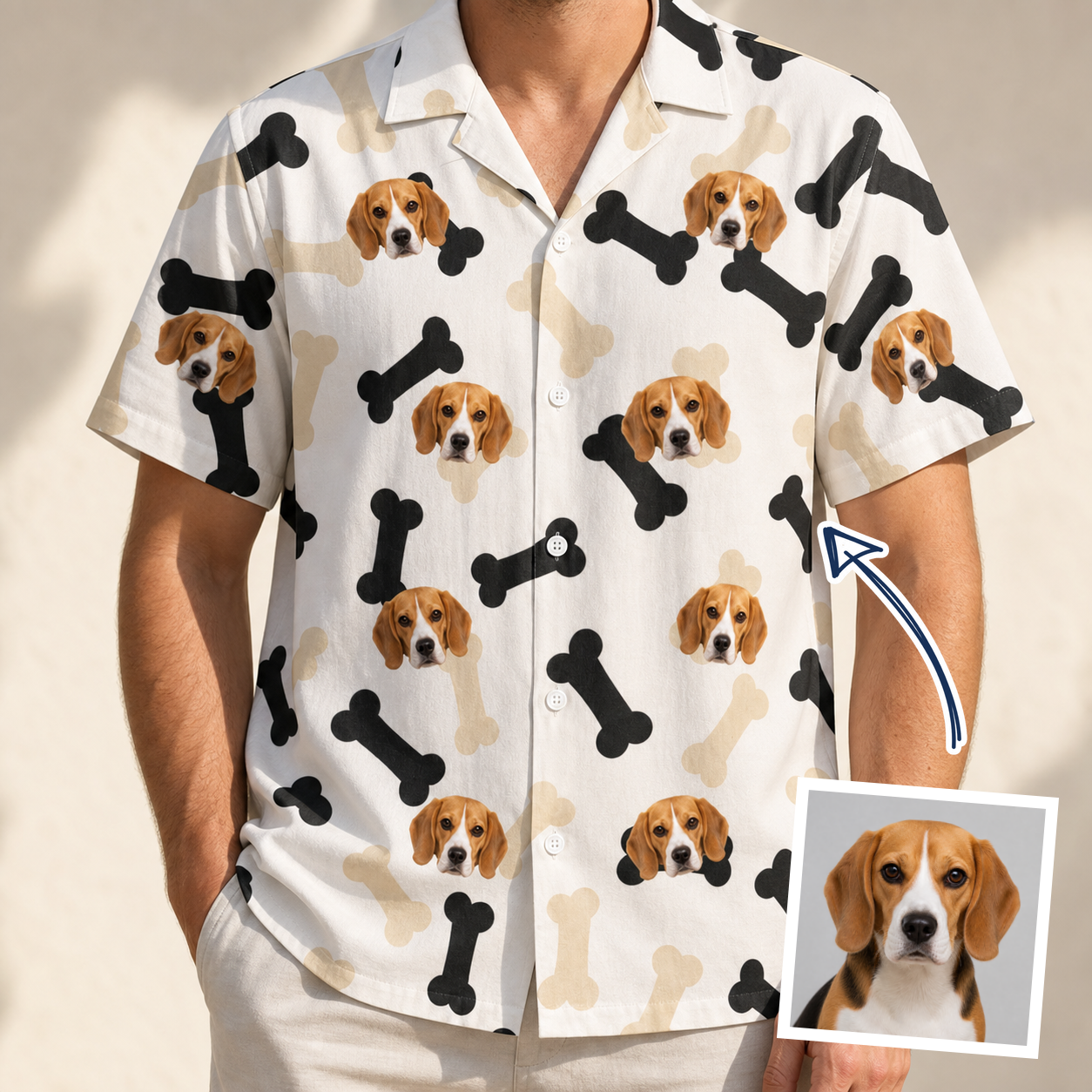Man wearing Men's Biscuit Bark Custom Dog Face Hawaiian Shirt — custom faces printed all-over