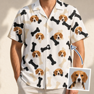 Man wearing Men's Biscuit Bark Custom Dog Face Hawaiian Shirt — custom faces printed all-over