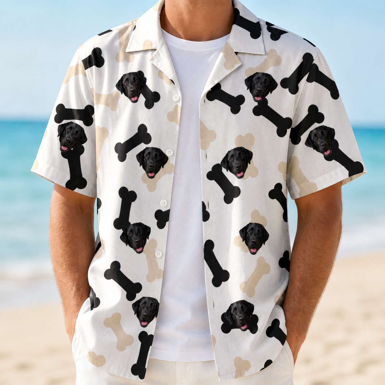 Man wearing Men's Biscuit Bark Custom Dog Face Hawaiian Shirt open over a white tee