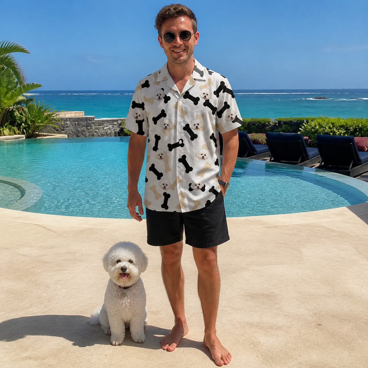 Full-length photo with the pet printed all over this Men's Biscuit Bark Custom Dog Face Hawaiian Shirt
