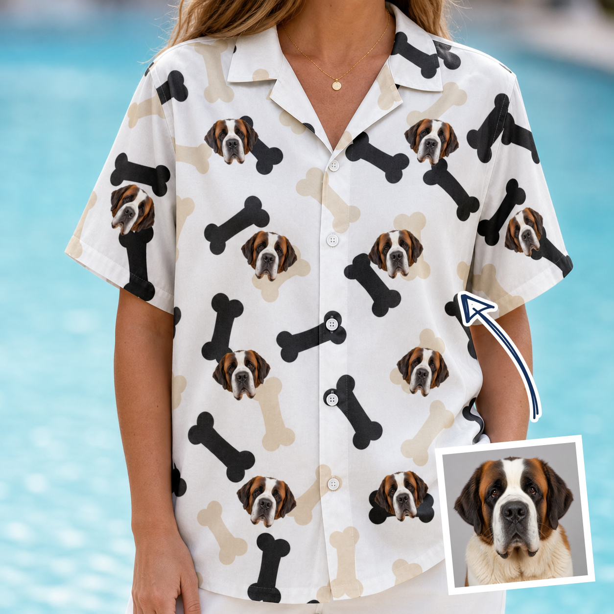 Woman wearing Women's Biscuit Bark Custom Dog Face Hawaiian Shirt — custom faces printed all-over