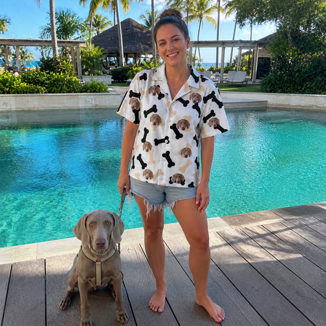 Full-length photo with the pet printed all over this Women's Biscuit Bark Custom Dog Face Hawaiian Shirt