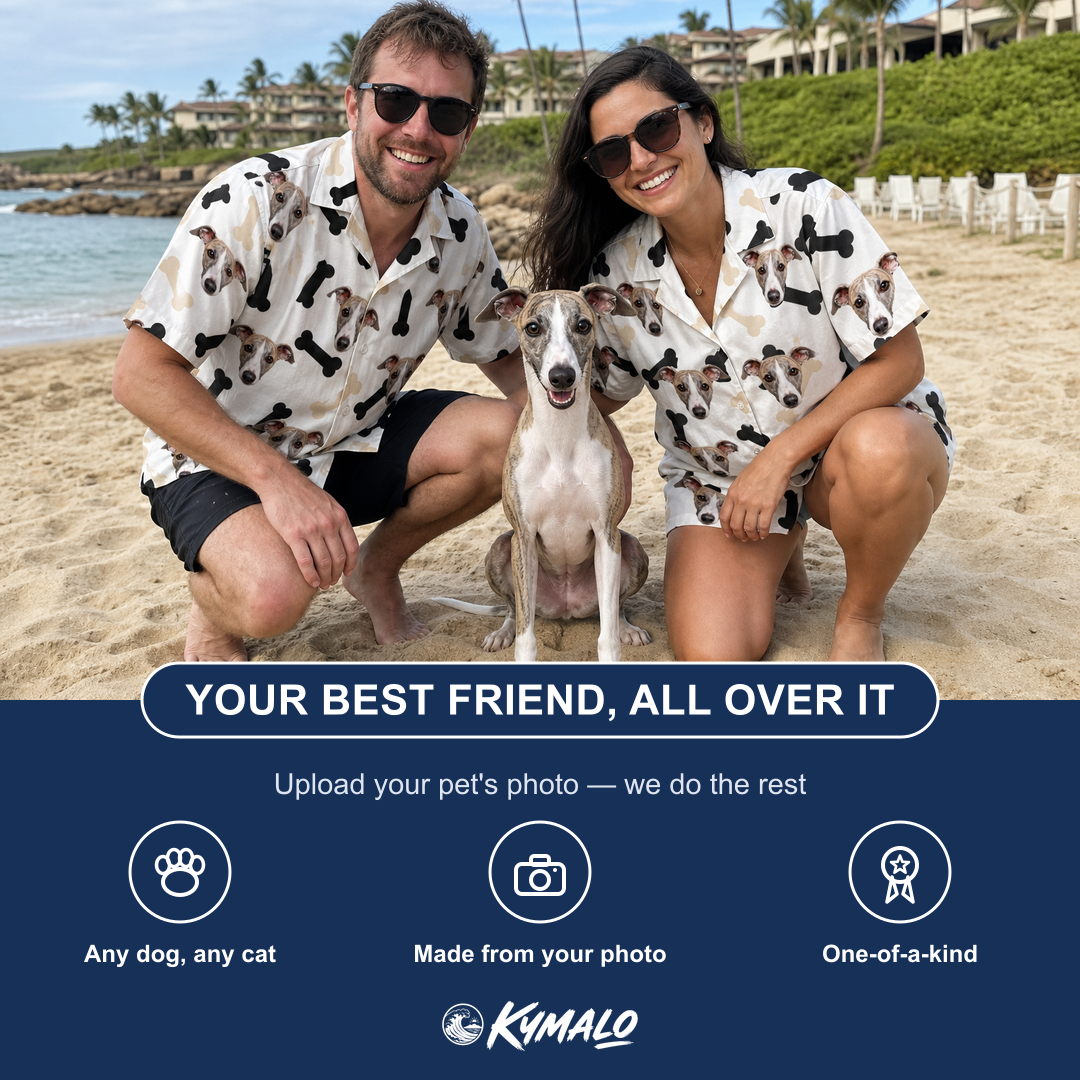 Friends in matching Women's Biscuit Bark Custom Dog Face Hawaiian Shirt — a group gift photo