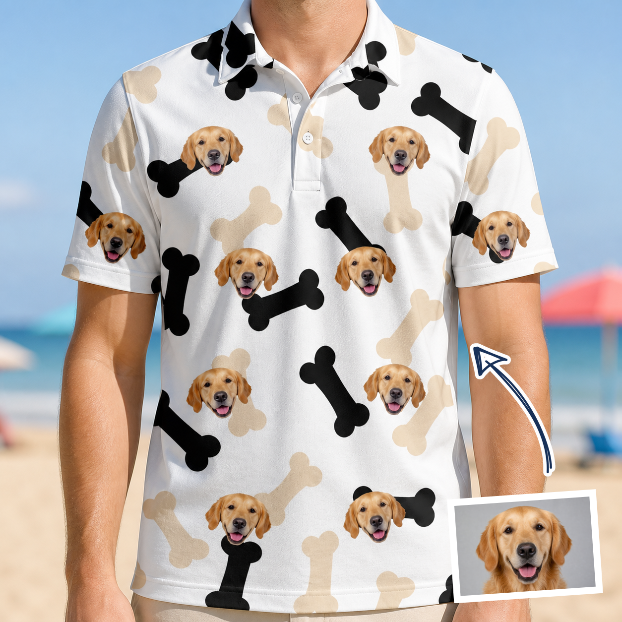 Man wearing Men's Biscuit Bark Custom Dog Face Polo Shirt — custom faces printed all-over