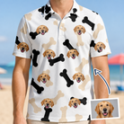 Man wearing Men's Biscuit Bark Custom Dog Face Polo Shirt — custom faces printed all-over