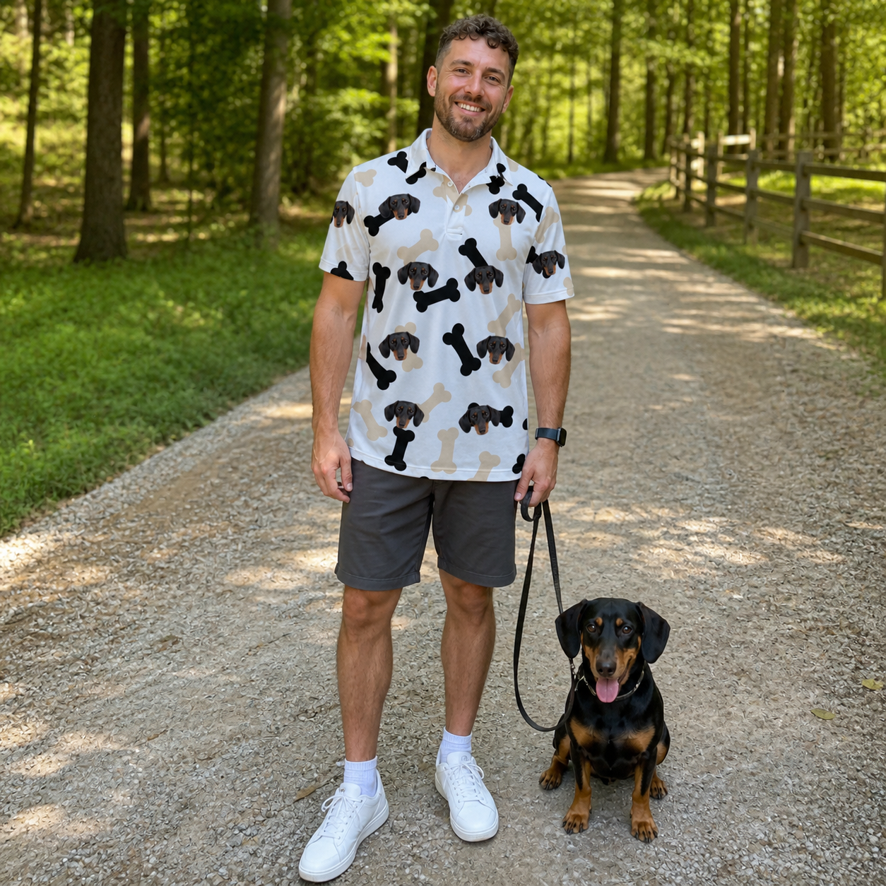 Full-length photo with the pet printed all over this Men's Biscuit Bark Custom Dog Face Polo Shirt