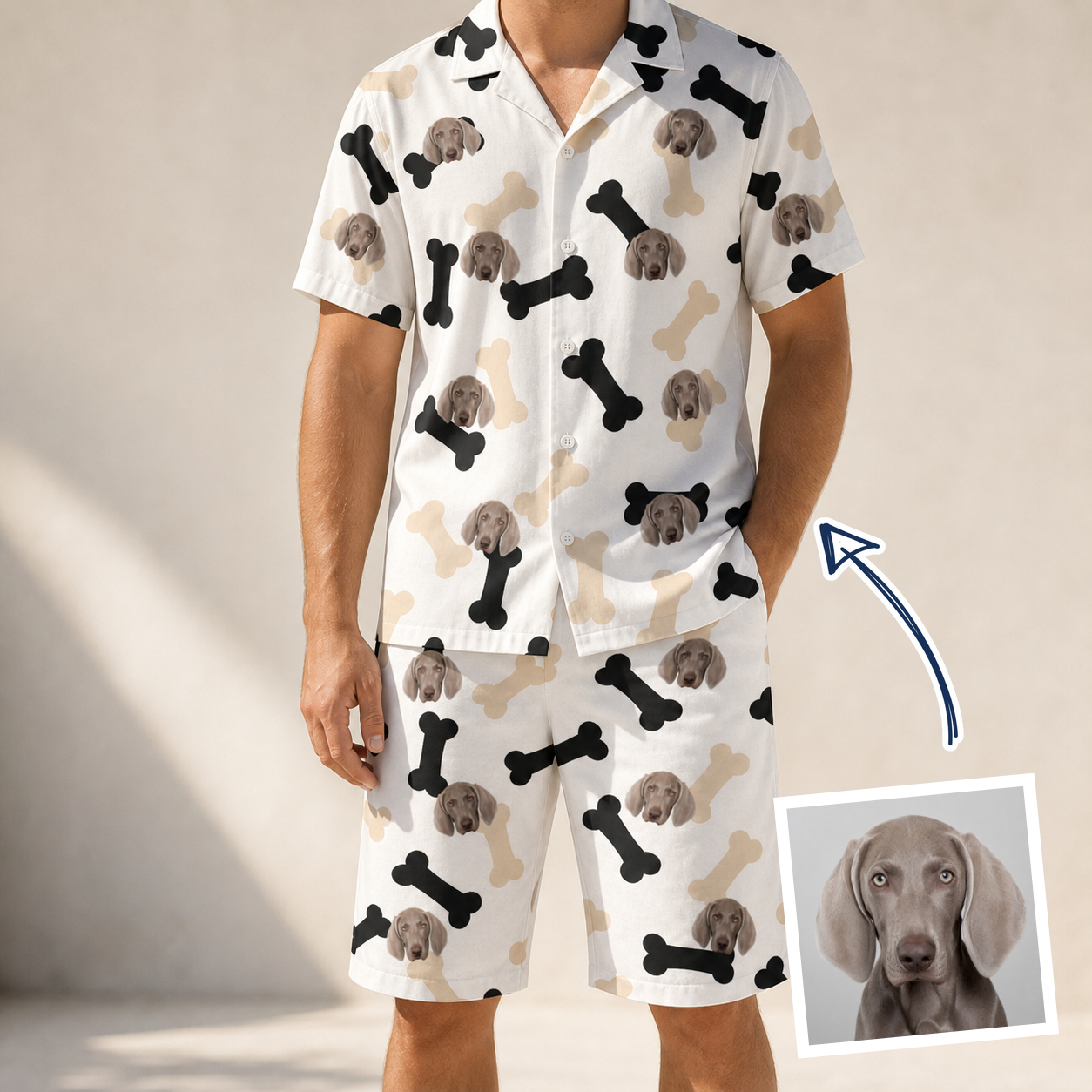 Man wearing Men's Biscuit Bark Custom Dog Face Shirt & Shorts Set — custom faces printed all-over
